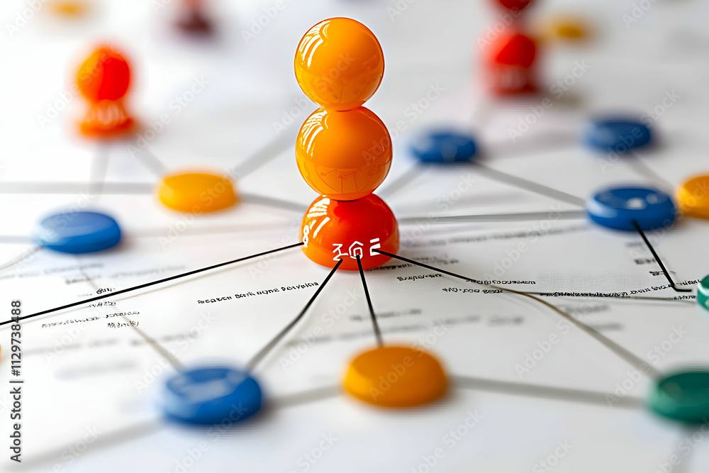 Poster network connection visualization with colorful balls on a document.