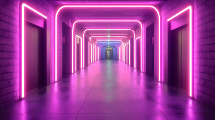 Neon-lit hallway with elevators, vibrant pink and blue lights.