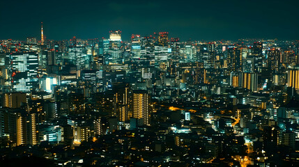 Night cityscape, illuminated buildings, city lights, urban scene.