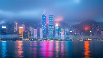 Fototapeta premium Night cityscape skyline reflected in water, fog.