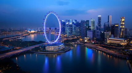 Obraz premium Night cityscape with Ferris wheel and skyscrapers reflecting in water.