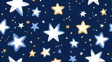 Night sky pattern with various sized stars in blue, white, and gold on a dark blue background.