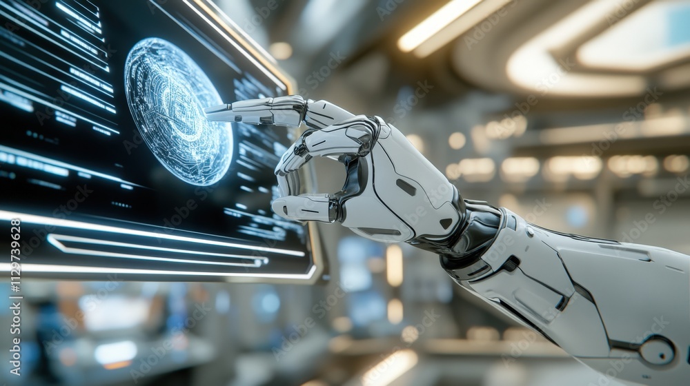 Poster robotic hand interacting with futuristic digital interface in high-tech environment