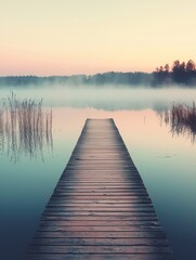 Fototapeta premium A straight wooden boardwalk crossing a quiet, glassy lake at sunrise