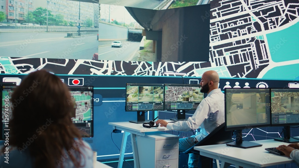 Poster diverse call center operators monitoring couriers in traffic and update clients on potential order d