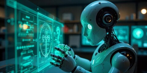 Fototapeta premium Advanced robot analyzing data in a futuristic laboratory environment showcasing high-tech interfaces and glowing graphics