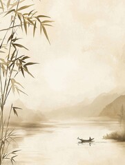 A tranquil Chinese brush painting background with soft beige texture, The top has bamboo leaves gently swaying