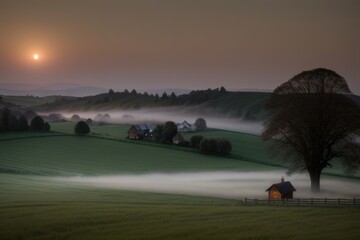 Fototapeta premium Misty Sunrise Over Rolling Hills