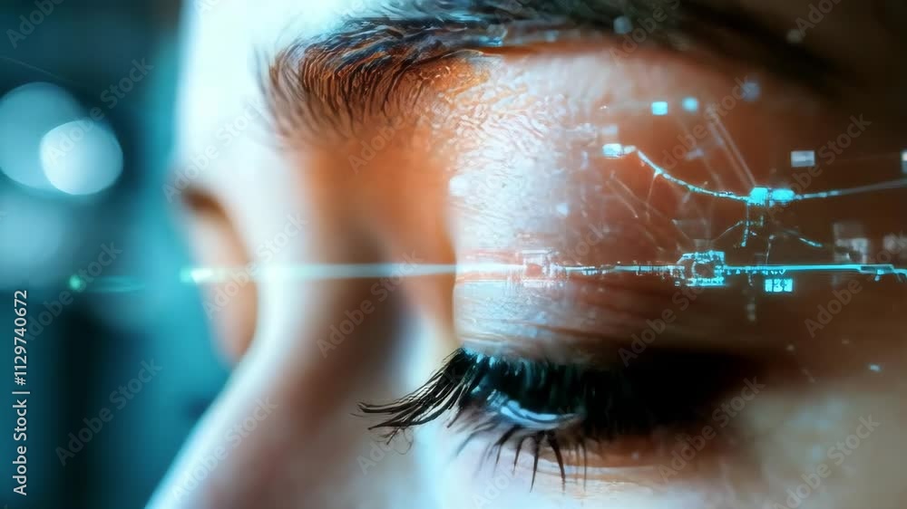 Poster close-up of an eye with a futuristic digital data overlay, representing technology, vision, and the 