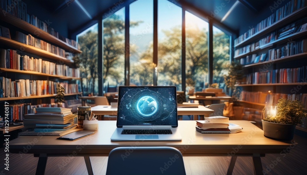 Poster serene study: laptop displaying global network in a cozy library setting