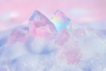 Pastel crystals nestled in soft, sparkly snow against a pink background.