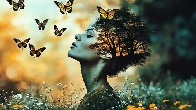 In a lush field of wildflowers, a woman gazes up at the sky with a look of wonder and connection