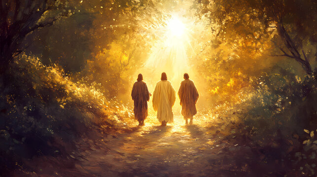 Jesus walking along the road to emmaus with two disciples, radiant light surrounding them, symbolizing revelation. Nirvana. Illustration