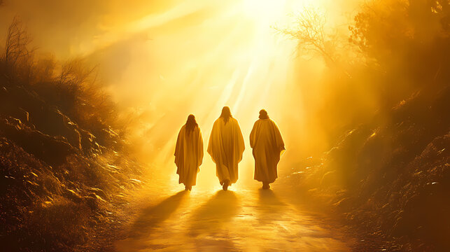 Jesus walking along the road to emmaus with two disciples, radiant light surrounding them, symbolizing revelation. Nirvana. Illustration