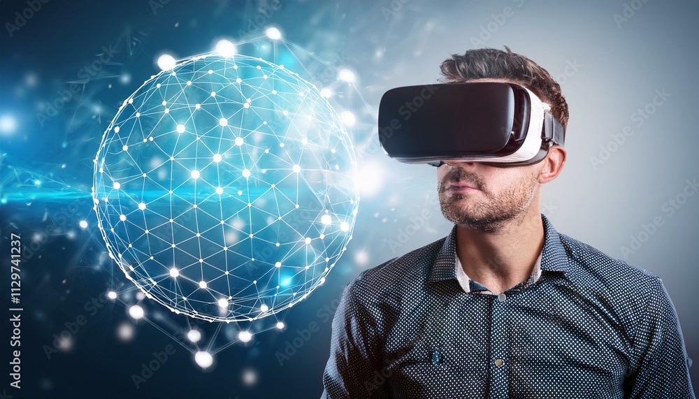 Poster man exploring a digital world: immersed in a vr experience, a man with a determined gaze explores a 