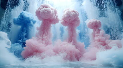 Pastel-colored smoke plumes rising from water, resembling mushroom clouds in a waterfall.