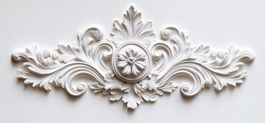 White ornate plaster molding detail, floral design, wall decor.