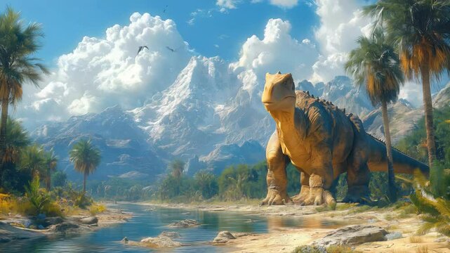GAME BACKGROUND: brontosaurus dinosaur in 10,000 BC mountains had snow-capped peaks and forests home to animals. Human communities harvested timber hunted game, and practiced spiritual traditions.