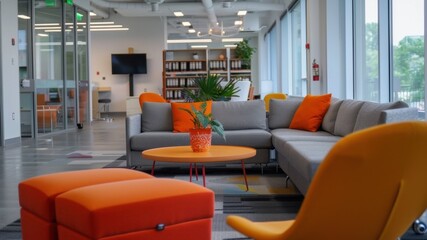 Collaborative Space: A versatile area for teamwork, with comfy seating, writable surfaces, and advanced tech tools to enhance collaboration and creativity for group projects.
