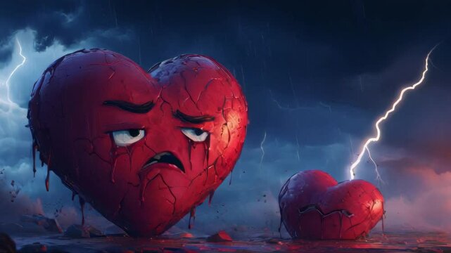Two broken hearts in a stormy, rainy landscape, depicting heartbreak and sadness.. AI Generation