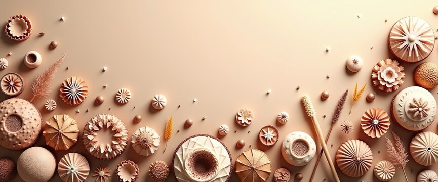 Background, banner, card, desserts in beige, caramel, brown pastel colors on one side, light background, space for text, mocha mousse trend