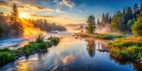 Misty Canadian dawn reveals a peaceful river, cascading waterfalls, and scenic wilderness beauty.