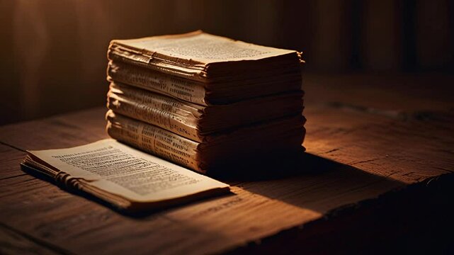 A stack of ancient scriptures placed on a wooden table with a warm, ambient light