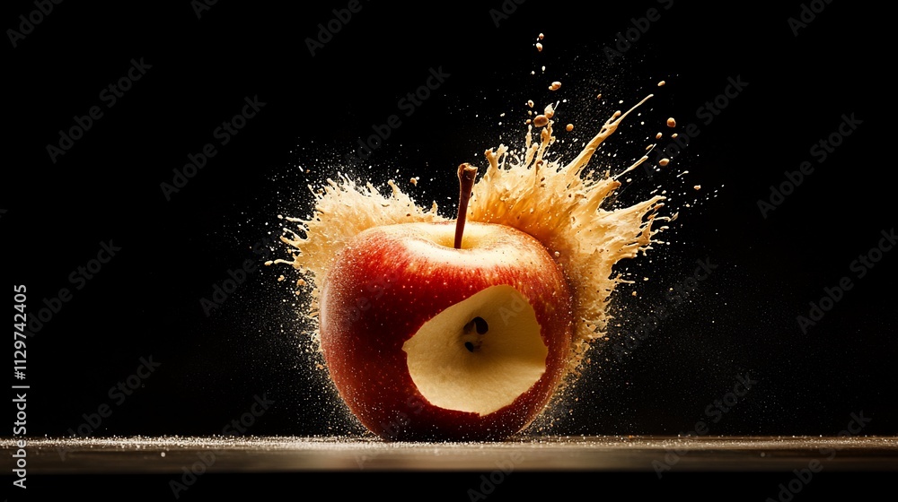 Poster red apple exploding with juice splash on black background.