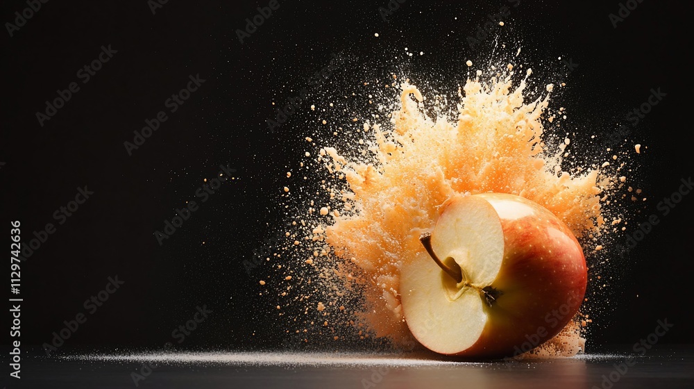 Poster exploding red apple with juice splash on black background.