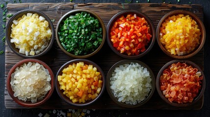 Colorful diced vegetables and pasta in bowls on dark wood.