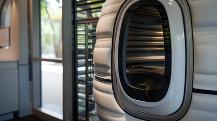 Obraz premium Workspace Pod: A quiet, enclosed area for private calls or focused work, providing employees with privacy and concentration within open-plan office settings. 