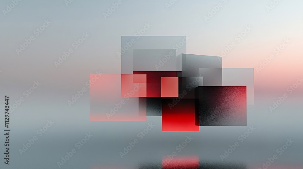 Poster abstract red and grey translucent cubes floating.
