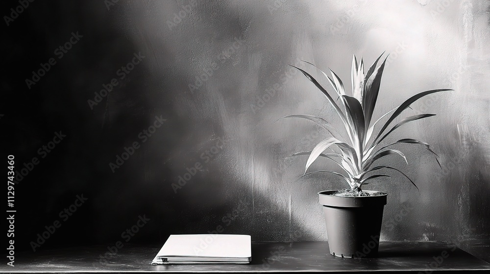 Poster simple workspace setup with potted plant and notebook on table