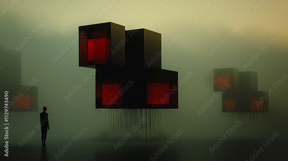Poster mysterious floating cube structures in a foggy landscape, a lone figure observes.