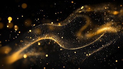 Craft a luxurious black backdrop with glowing golden threads that twist and turn, surrounded by delicate