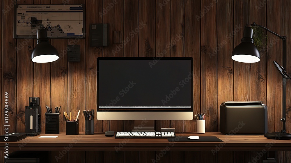 Poster Modern Minimal Desk Setup with Computer and Keyboard in Office