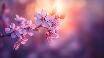 Pink cherry blossoms backlit by warm sunset light.