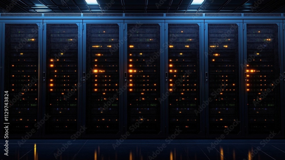 Poster dark server room filled with many server racks. tech equipment glows with orange lights. modern data