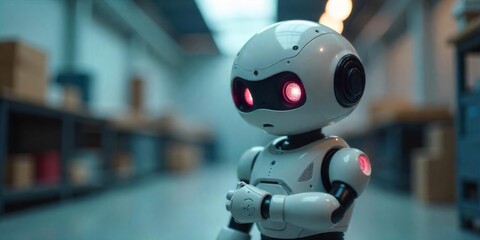 Fototapeta premium Modern robot stands in an industrial warehouse, showcasing advanced technology in automation and robotics