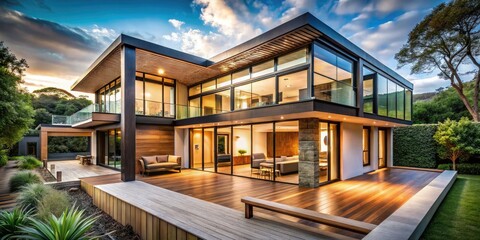 Fototapeta premium Modern minimalist home: expansive windows, warm wood accents, architectural photography showcases clean lines.