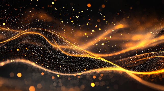 Create a black background with a subtle golden gradient, complemented by tiny sparkling particles arranged in a flowing pattern