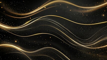 Create an abstract black and gold background with thin, wavy golden lines gently curving across