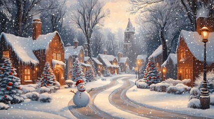 Fototapeta premium Charming winter scene shows cozy village with snow covered houses, decorated trees. Jolly snowman stands on snowy street. Warm light from windows, street lamps create festive mood. Retro cartoon