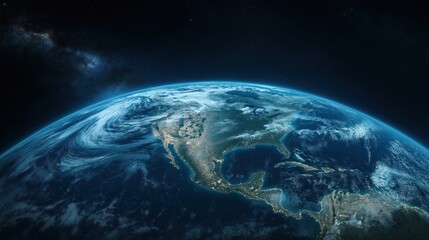 Earth from space focusing North America USA Canada Mexico, Central America. Stars, deep space background. Detailed satellite view of continents. Planet Earth detailed view. Night time view of