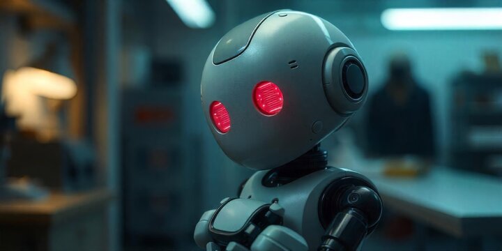 Small humanoid robot with glowing red eyes stands in a workshop during a futuristic tech demonstration
