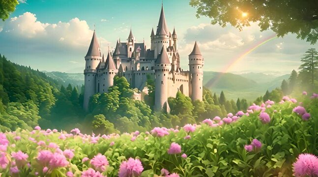 A fairytale castle of majestic beauty in a lush and enchanting forest, with sparkling towers that reach the sky, surrounded by blooming flowers