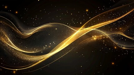 Design a smooth black and gold background with flowing lines that curve softly, accompanied by faint