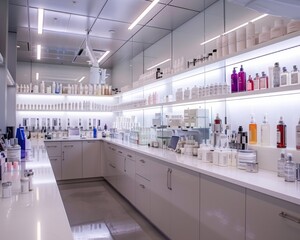Scientists and researchers collaborate in a high tech lab surrounded by advanced equipment and sleek shelves filled with beauty products. Innovative skincare treatments are being developed daily.