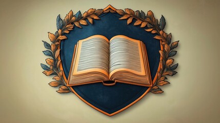 Open book on dark blue shield logo. Laurel wreath knowledge, success. School logo design for academic achievement. Ideal for school college branding. Educational institution image for website