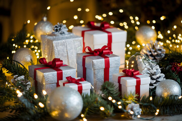 Silver Christmas decorations with gifts, fir branches, and warm festive lights